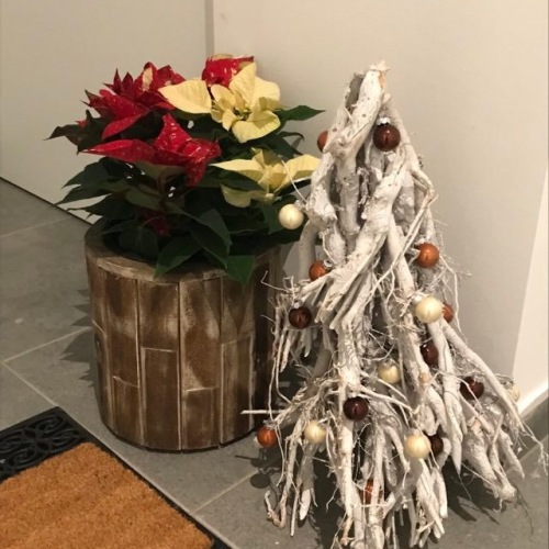 Kerstster met houten pot + Kerstboompje met versiering